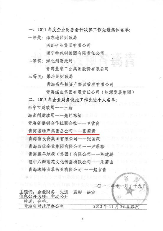 物產(chǎn)集團(tuán)榮獲2011年度財(cái)務(wù)決算先進(jìn)單位、2012年度財(cái)務(wù)快報(bào)工作先進(jìn)個(gè)人表彰